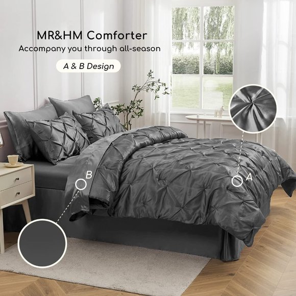 New Satin Comforter King 8 Pieces - Luxurious Pinch Pleat Bedding Set wi… - Picture 4 of 9